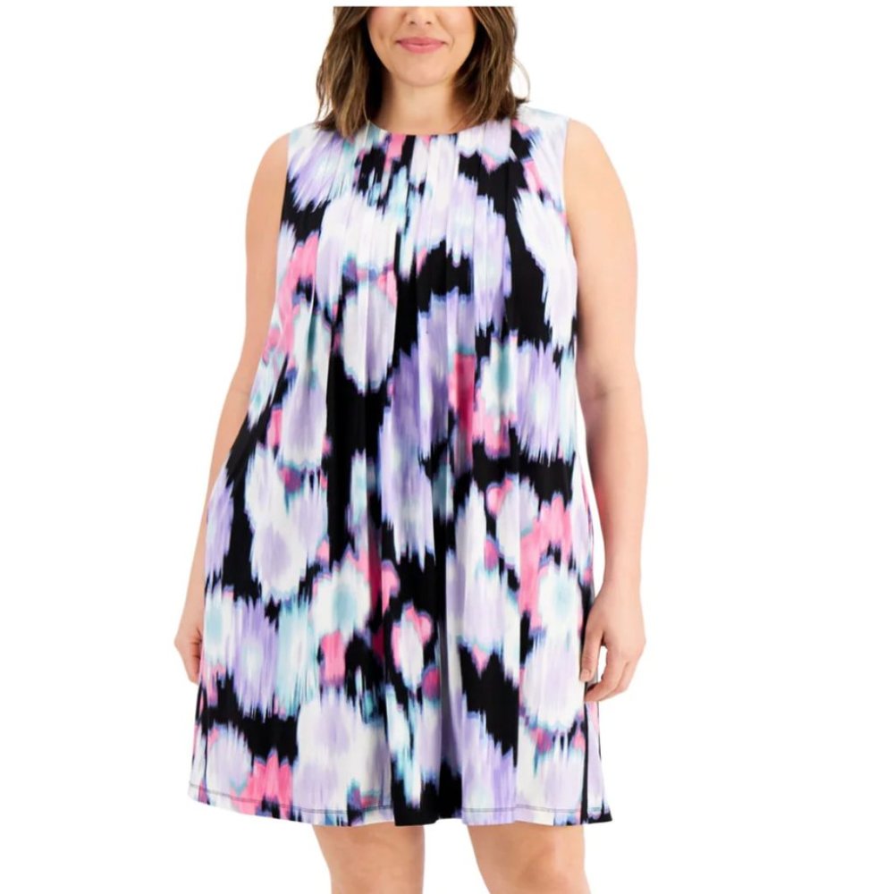 Womens Black Zippered Pleated Printed Sleeveless Crew Neck Above The Knee Shift